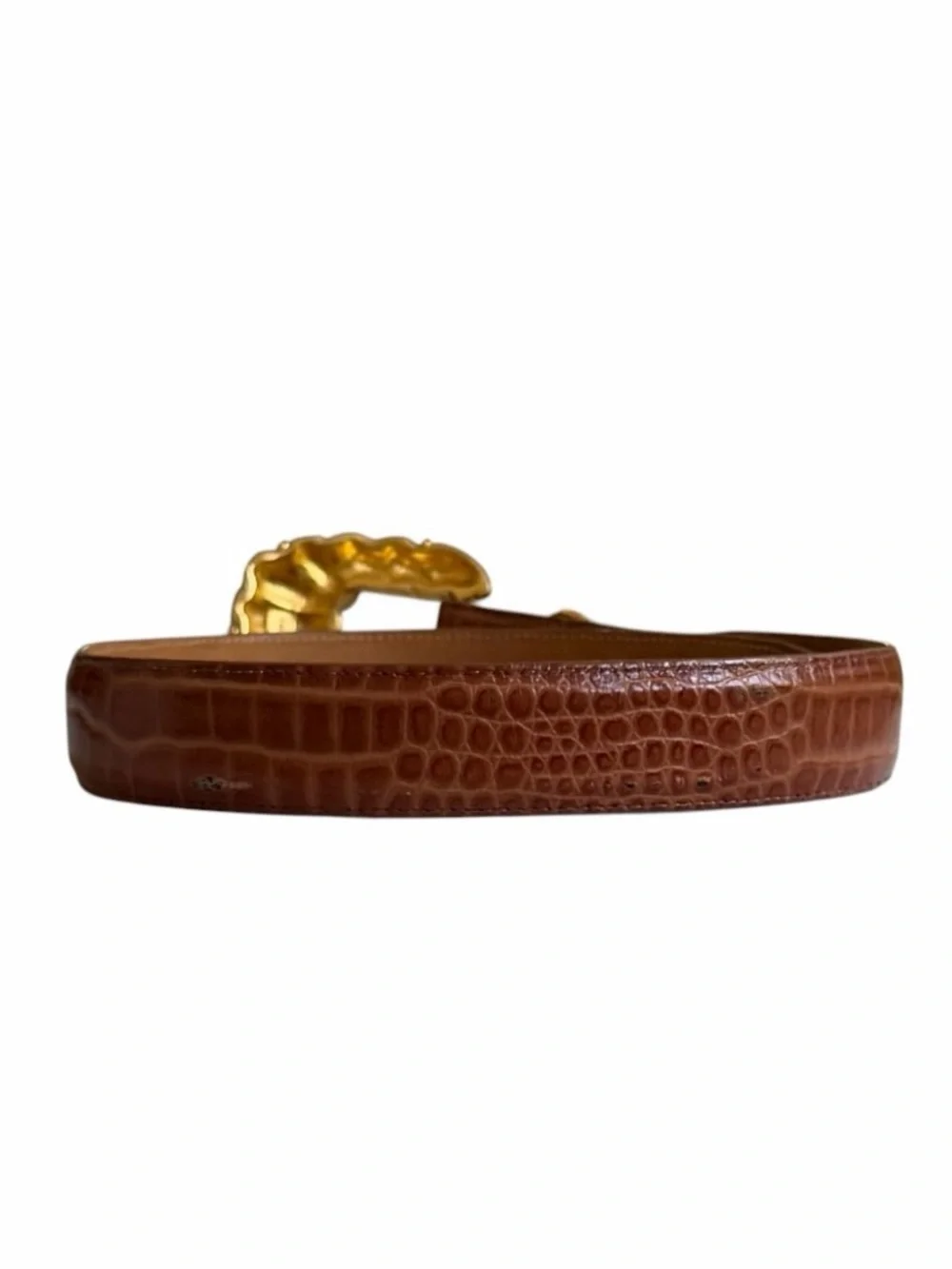 Steve Blinn Brown Alligator Grain Cashmere Cowhide Belt with Ornate Gold Buckle